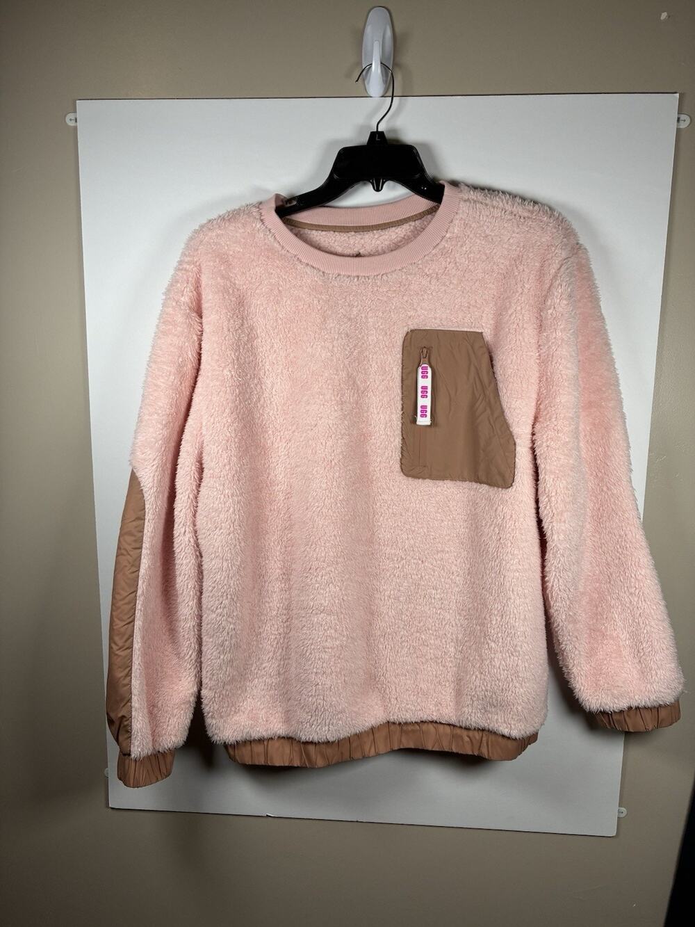 UGG RTW L Pink Teddy Sherpa Fleece Pullover Sweatshirt Nylon Zip Pocket Cozy